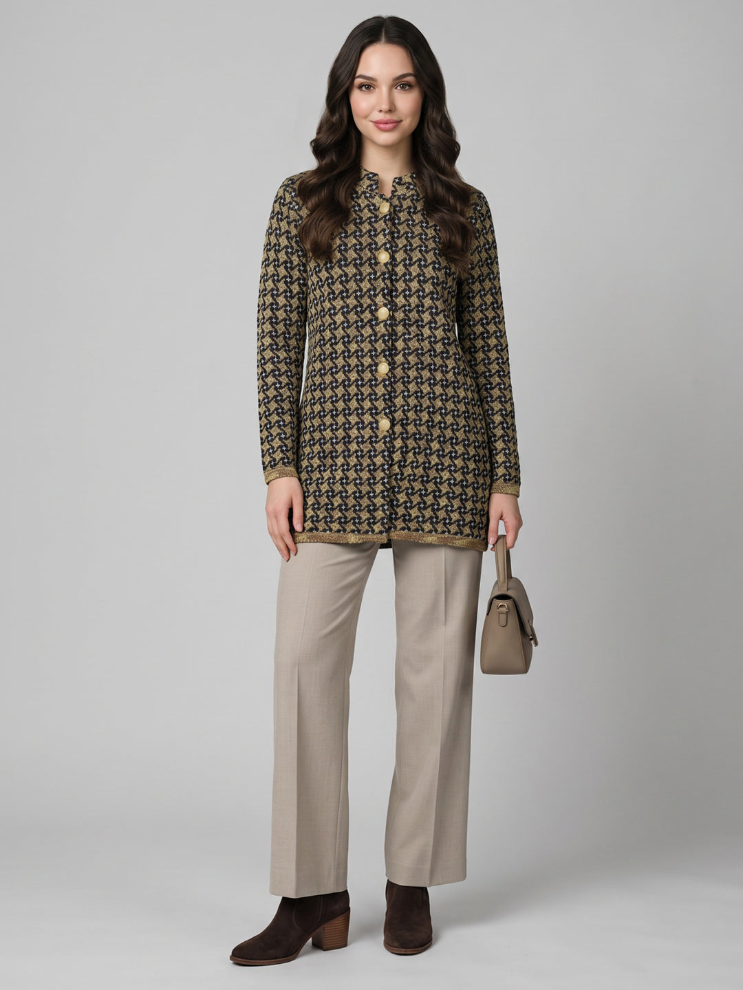 Women Yellow Jacquard Stand Collar Full Sleeve Coat