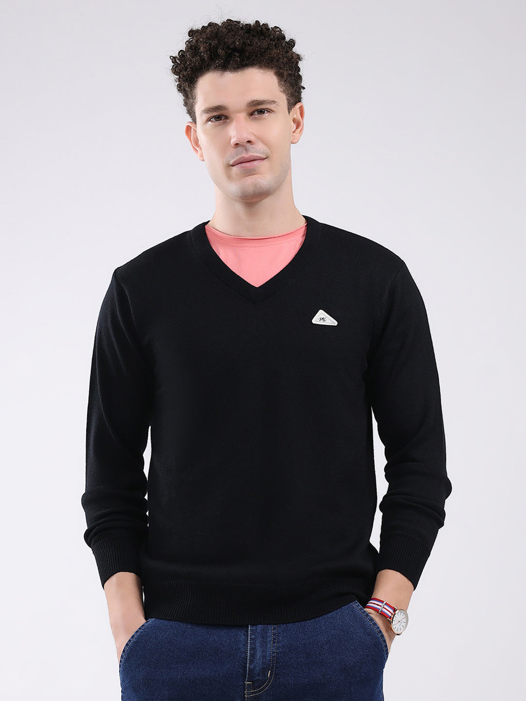 Men Black Solid V Neck Full Sleeve Pullover