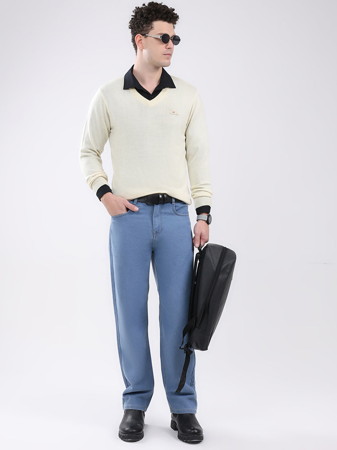 Men Cream Solid V Neck Full Sleeve Pullover