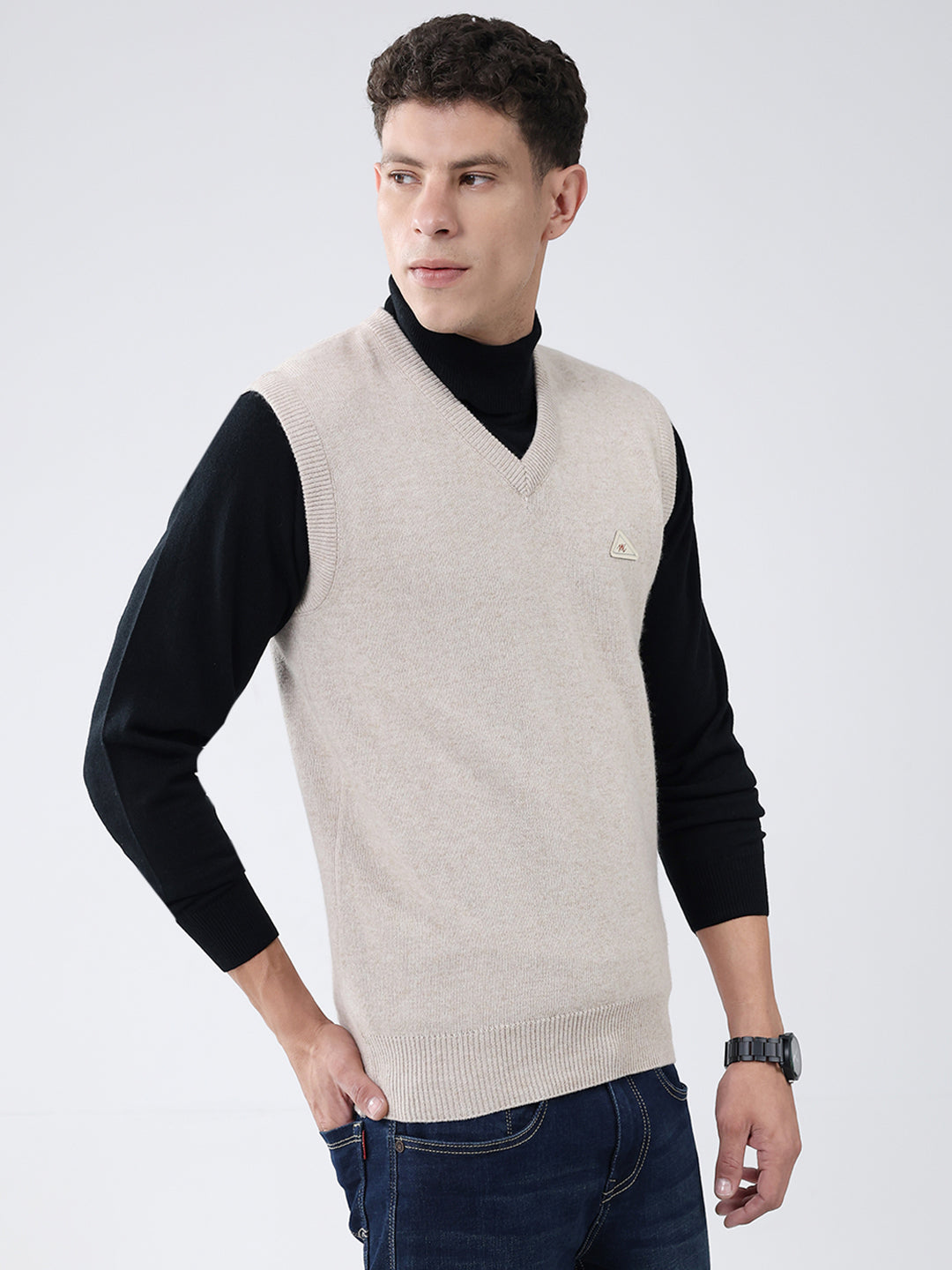 Men Beige Solid V Neck Sleeveless Sweater