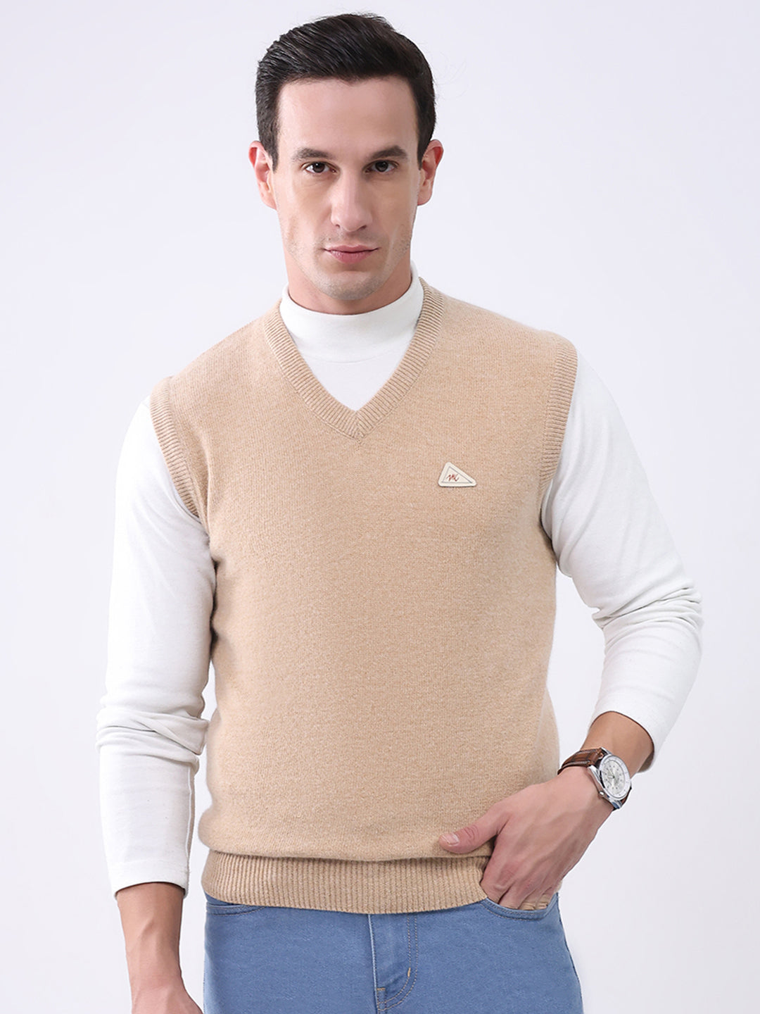 Men Beige Solid V Neck Sleeveless Sweater