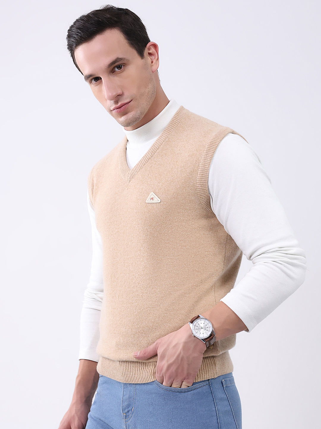 Men Beige Solid V Neck Sleeveless Sweater