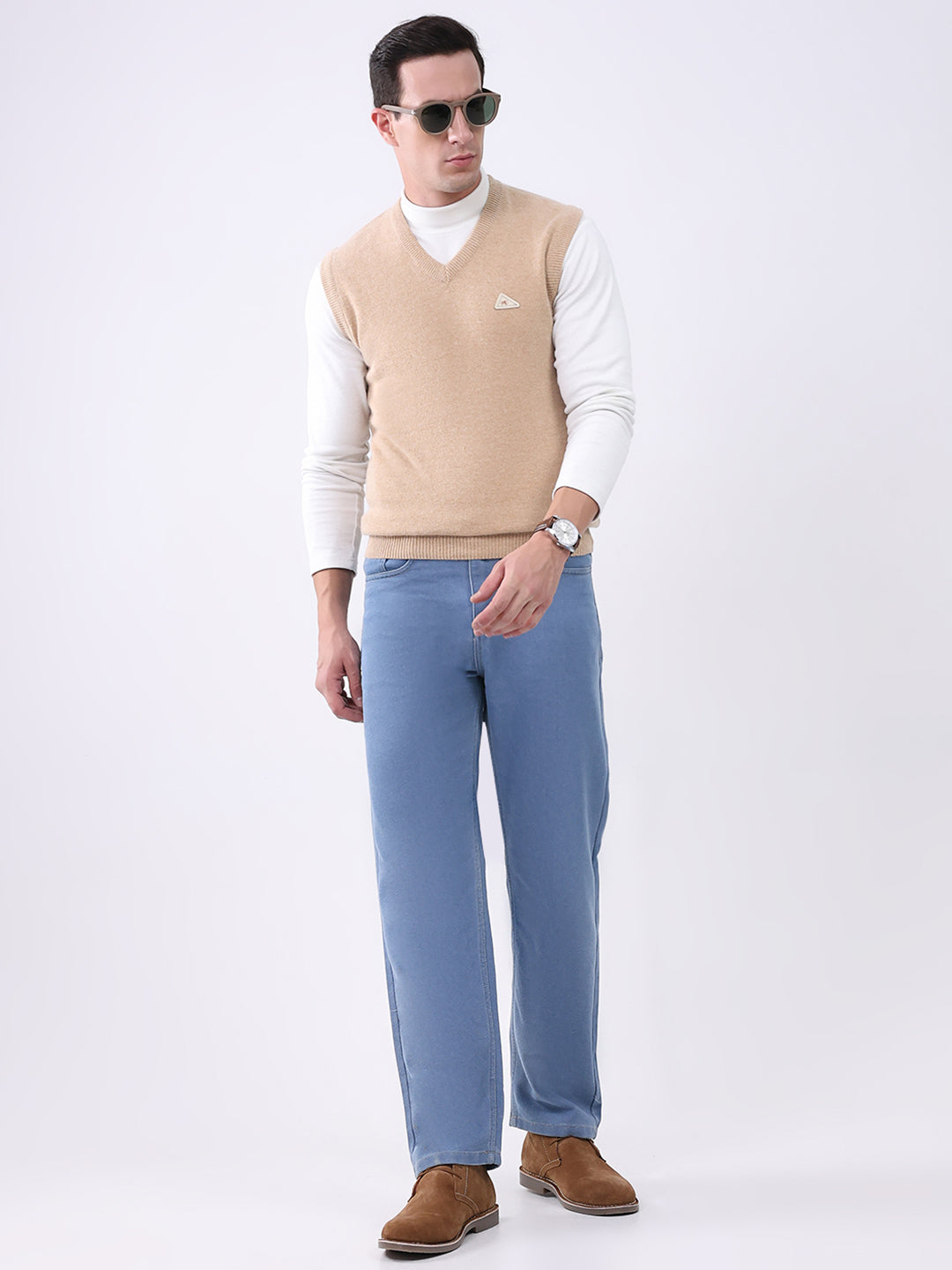 Men Beige Solid V Neck Sleeveless Sweater