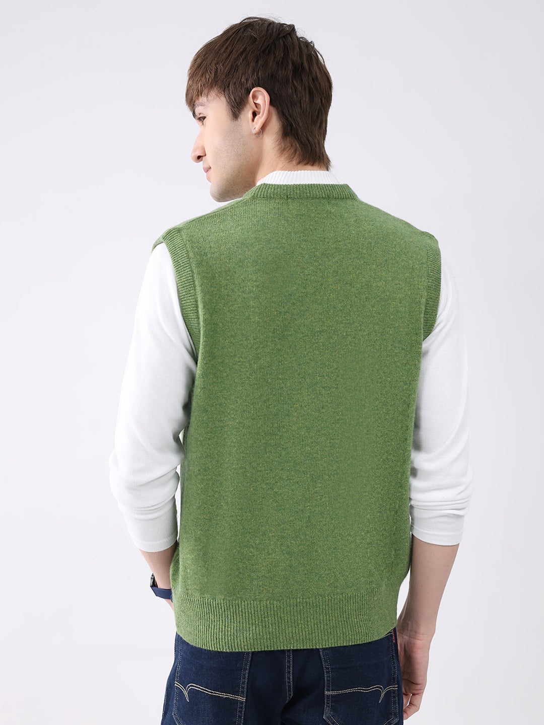 Men Green Solid V Neck Sleeveless Sweater