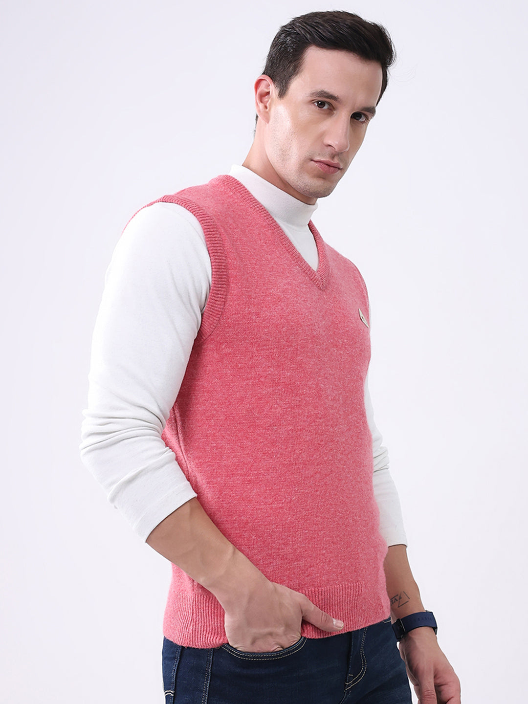 Men Pink Solid V Neck Sleeveless Sweater