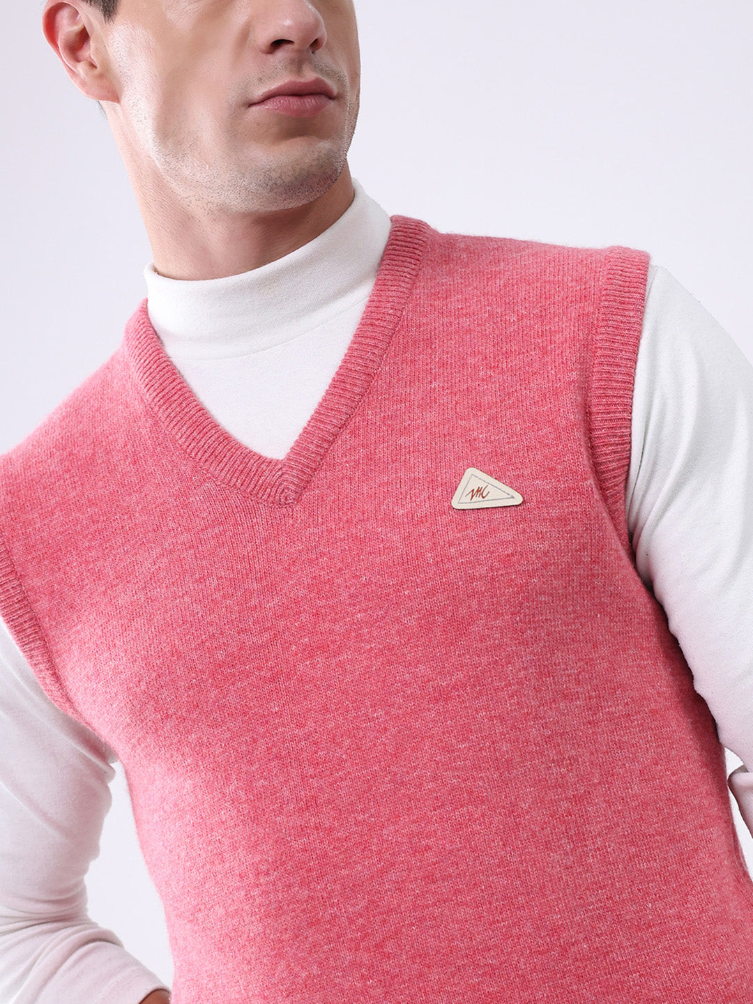 Men Pink Solid V Neck Sleeveless Sweater