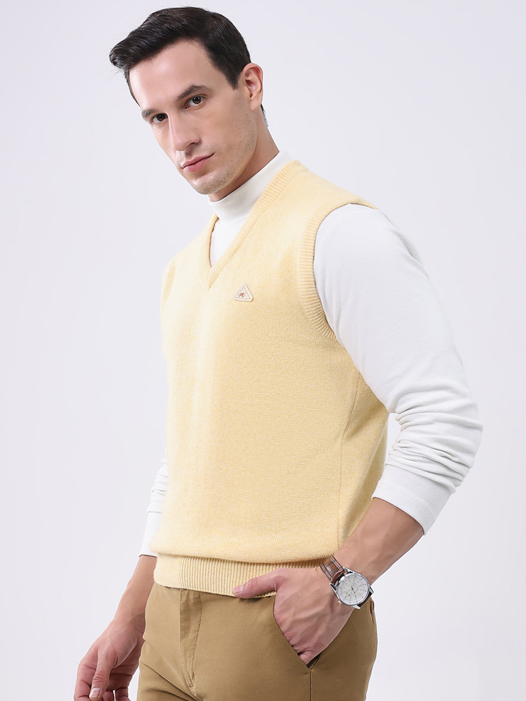 Men Yellow Solid V Neck Sleeveless Sweater