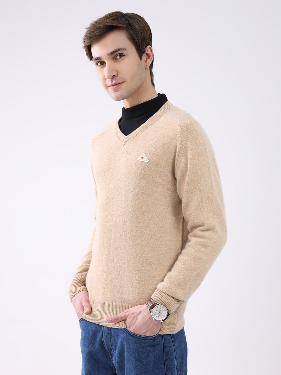 Men Khaki Solid V Neck Full Sleeve Pullover