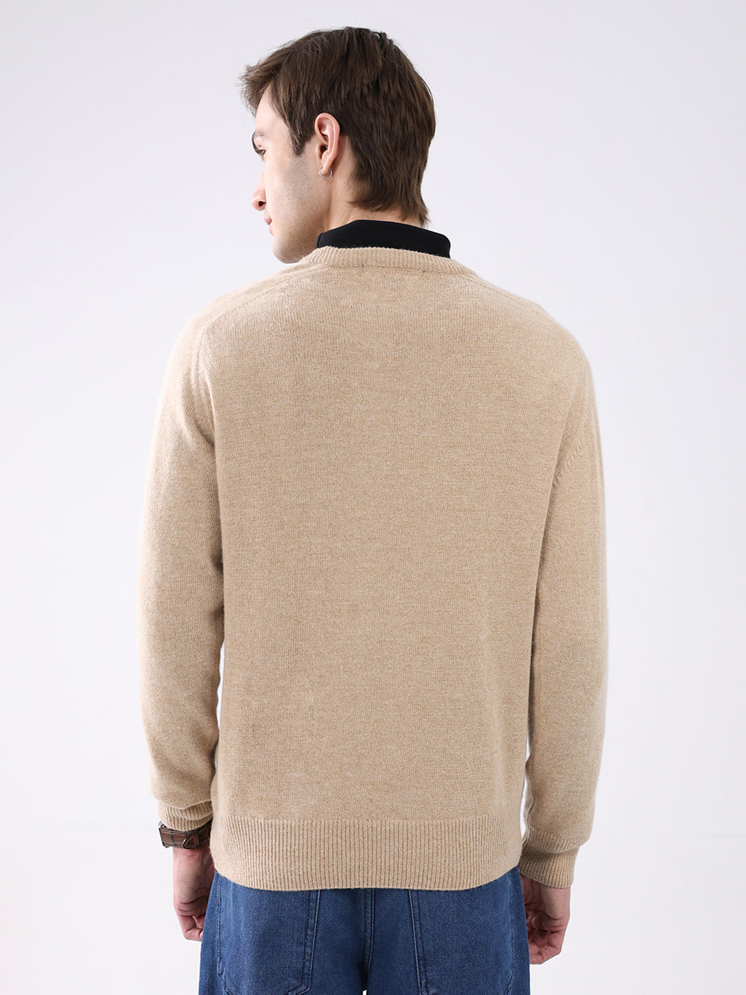 Men Khaki Solid V Neck Full Sleeve Pullover