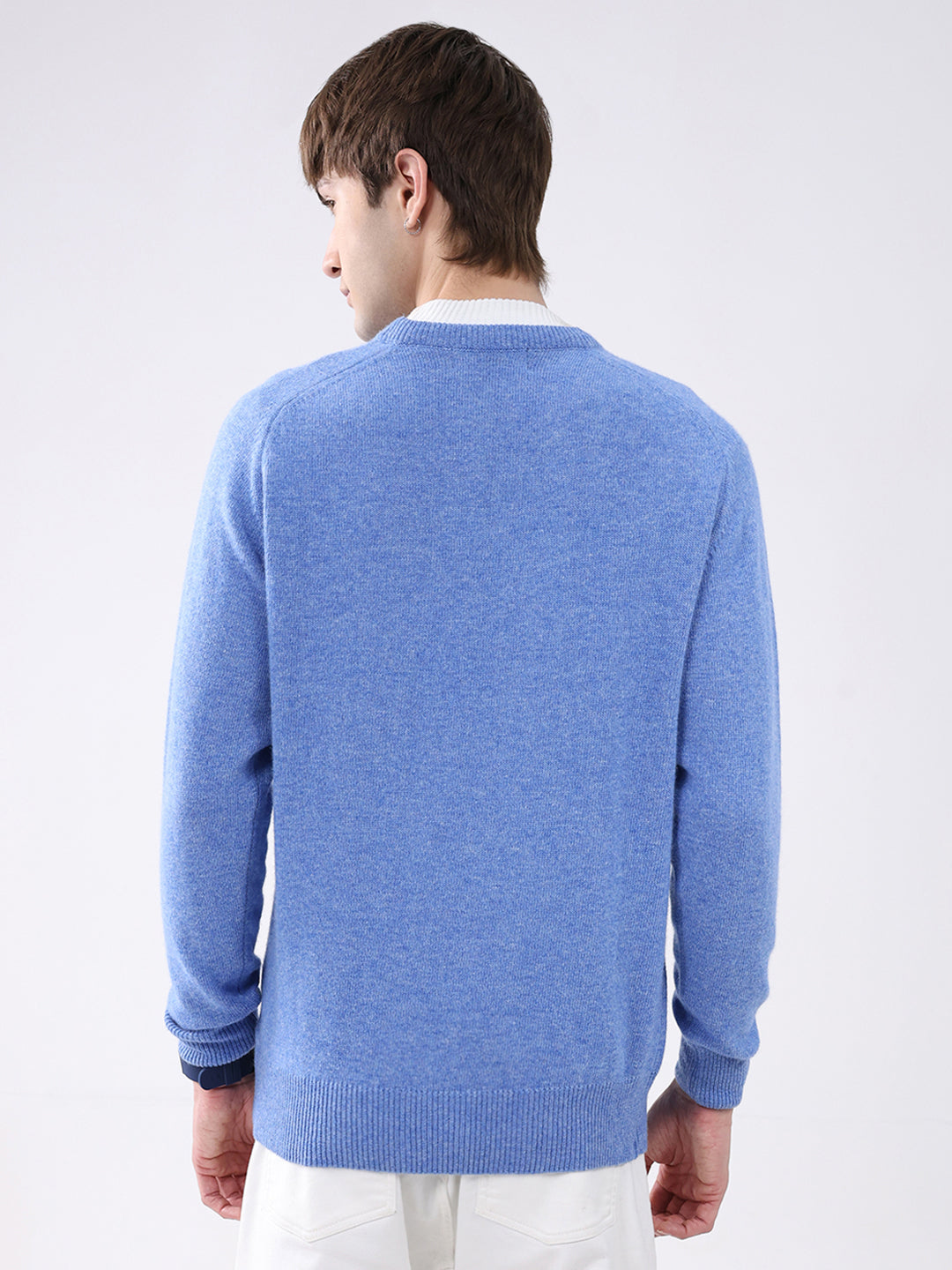Men Blue Solid V Neck Full Sleeve Pullover