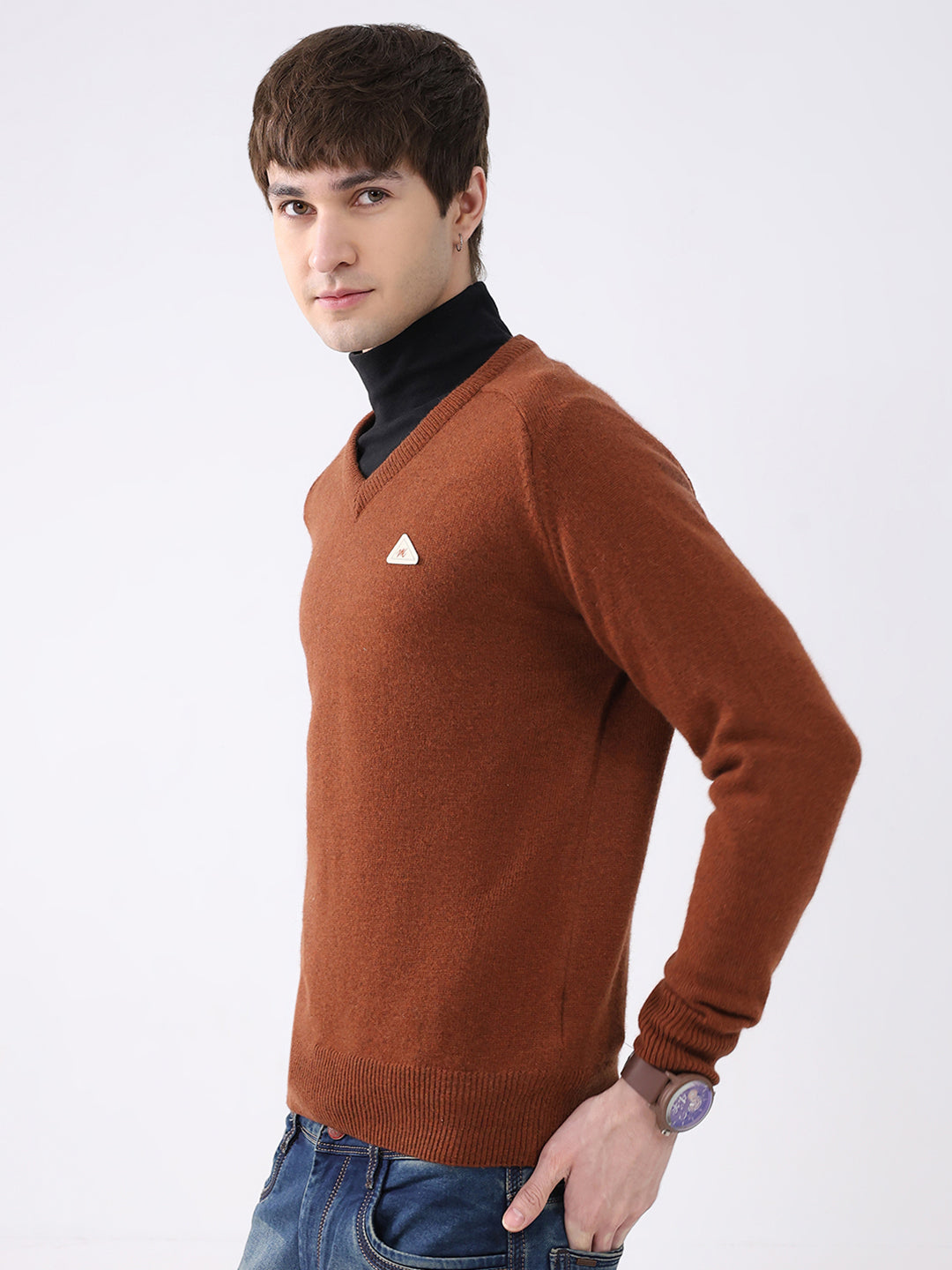 Men Rust Solid V Neck Full Sleeve Pullover