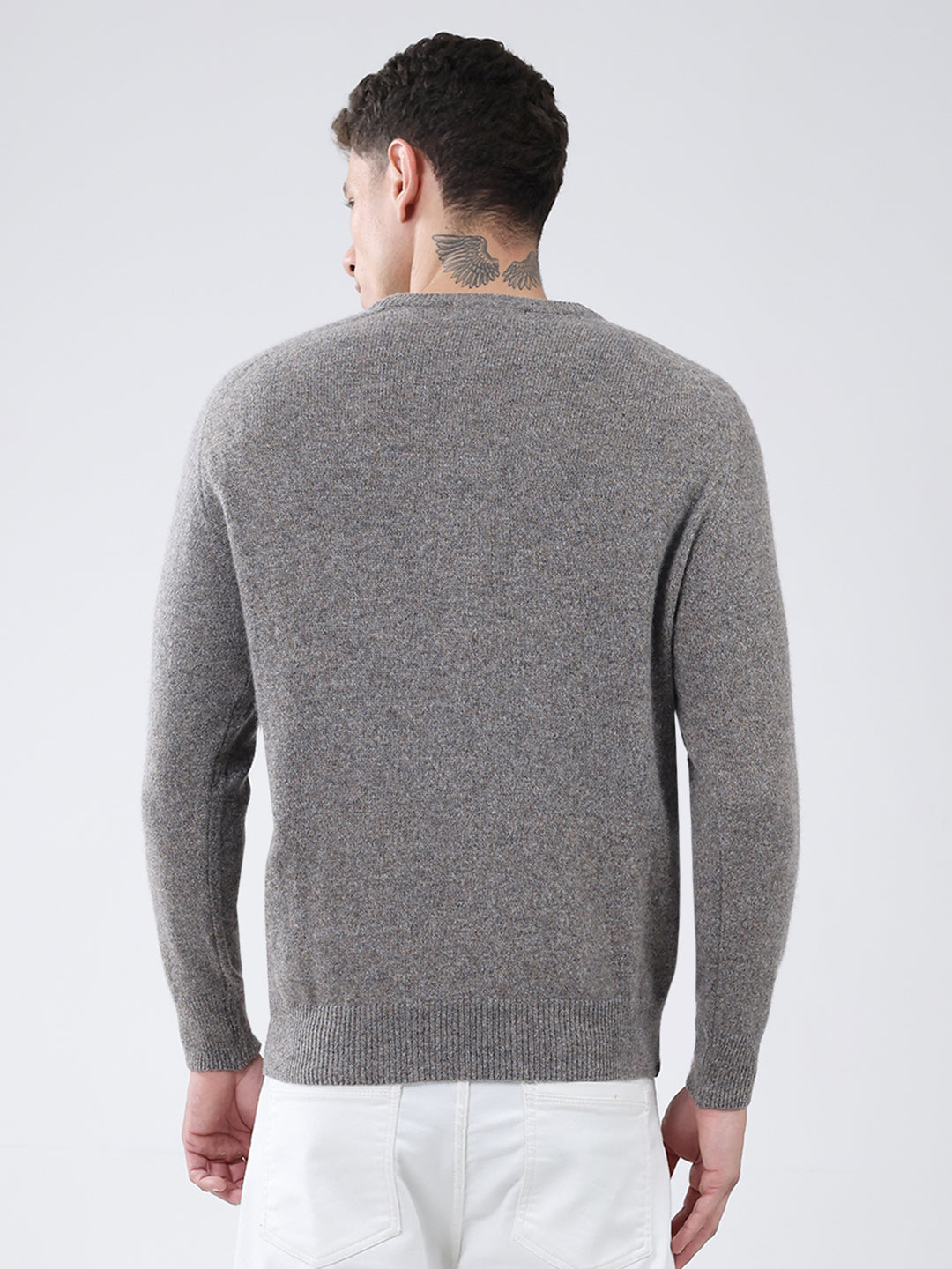 Men Grey Solid V Neck Full Sleeve Pullover