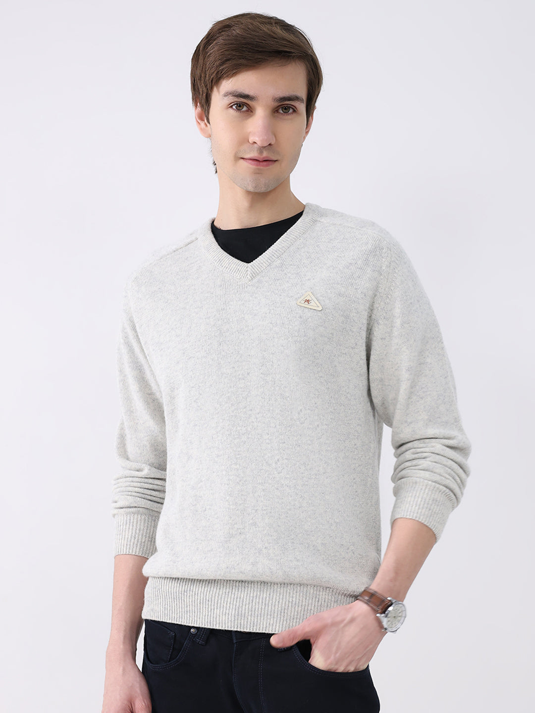 Men Light Grey Solid V Neck Full Sleeve Pullover