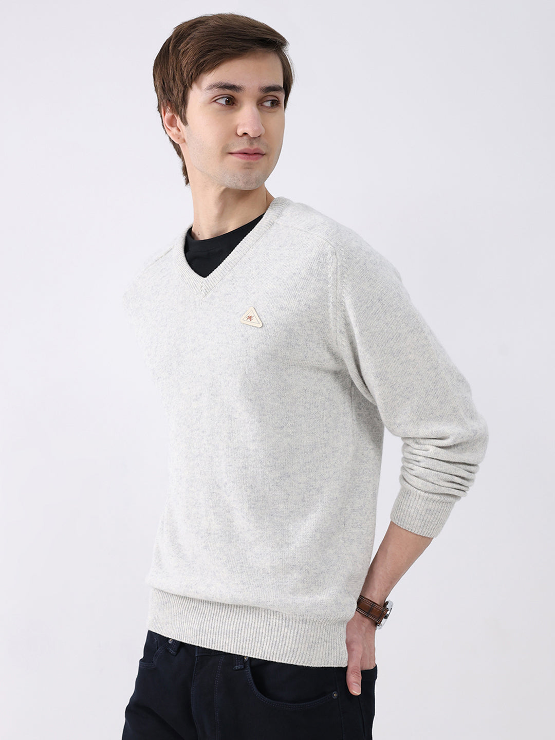 Men Light Grey Solid V Neck Full Sleeve Pullover