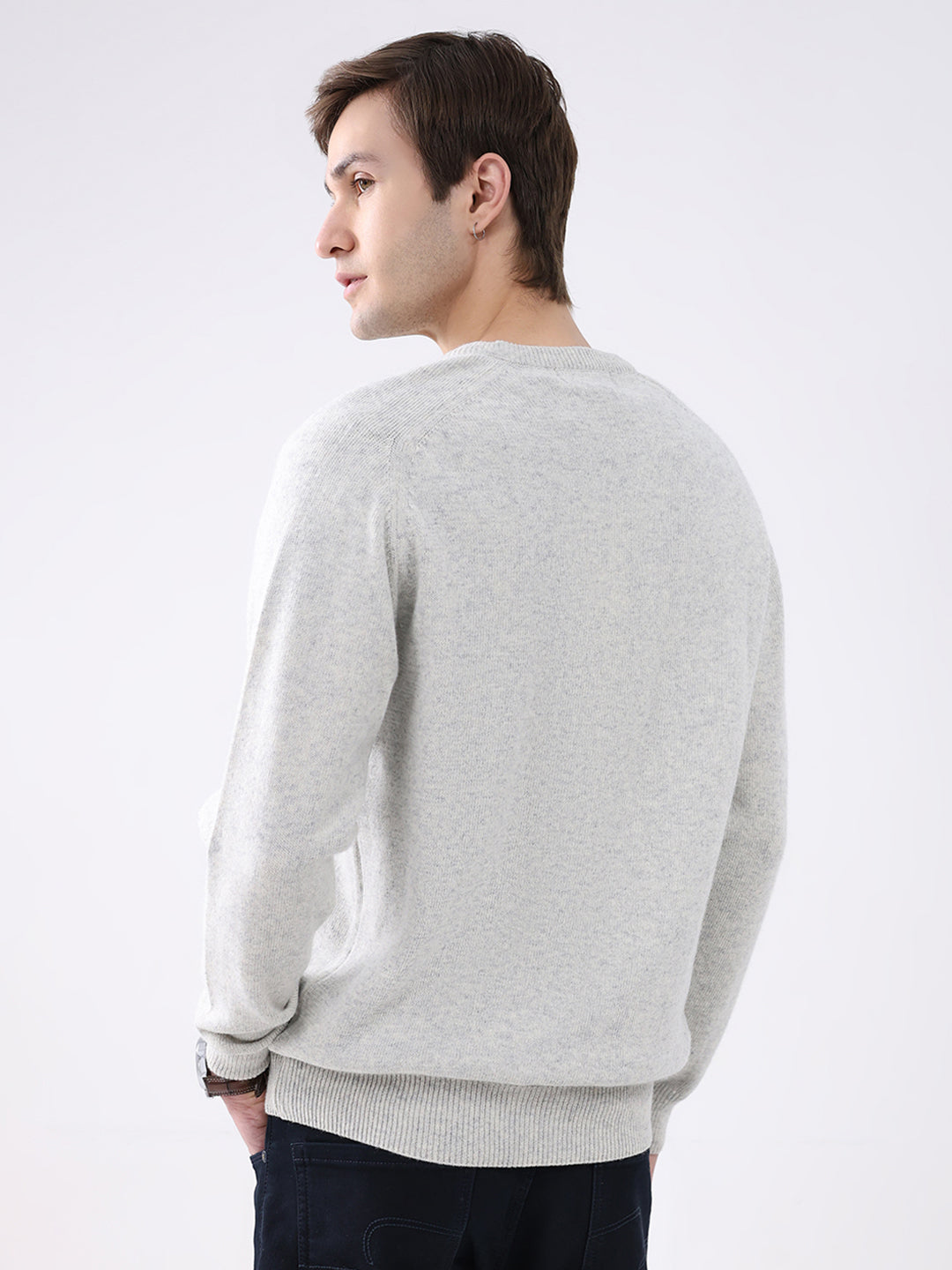 Men Light Grey Solid V Neck Full Sleeve Pullover