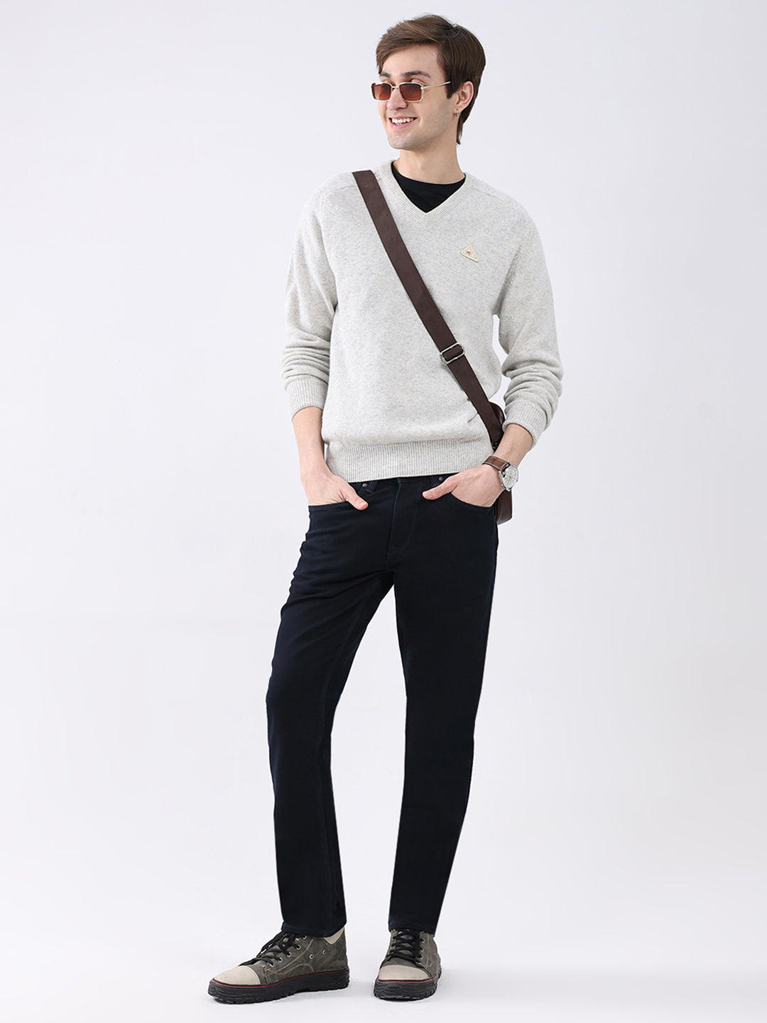 Men Light Grey Solid V Neck Full Sleeve Pullover