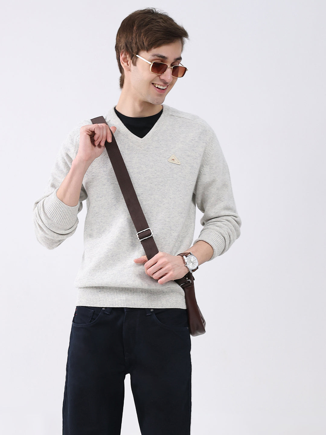 Men Light Grey Solid V Neck Full Sleeve Pullover