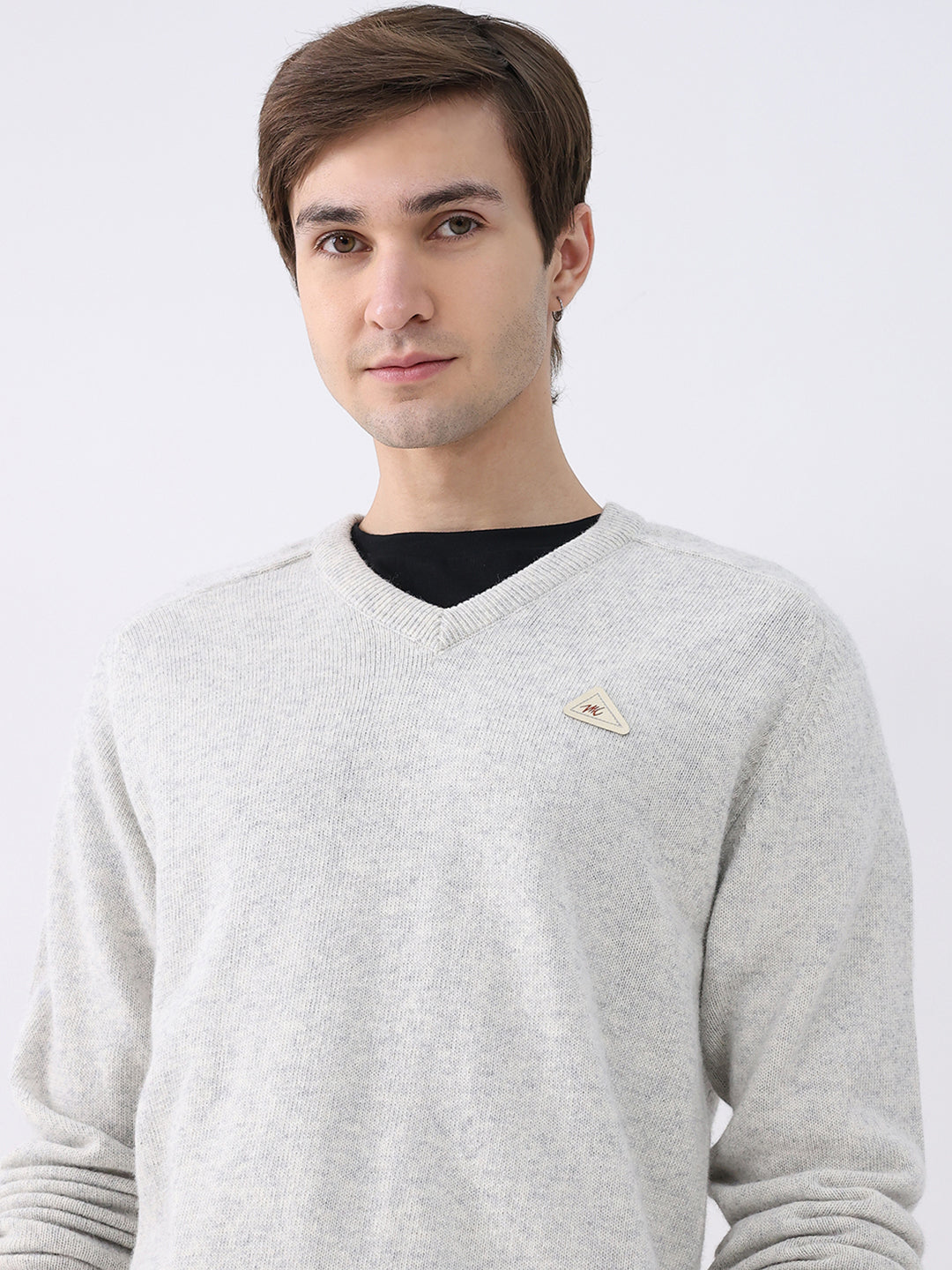 Men Light Grey Solid V Neck Full Sleeve Pullover