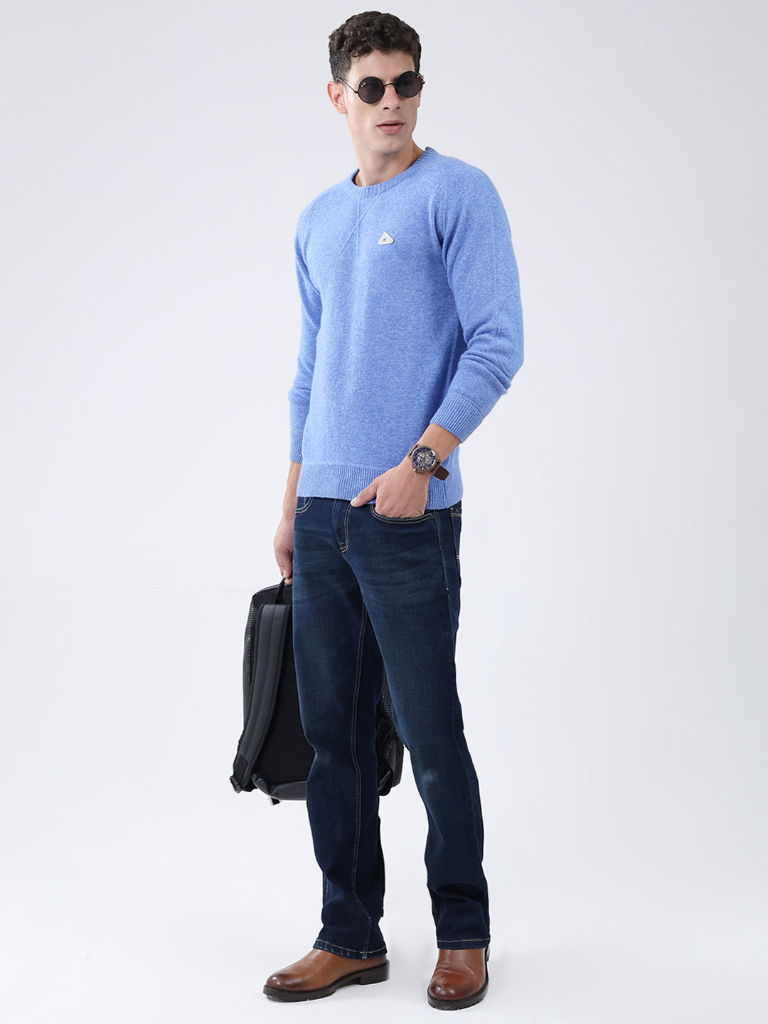 Men Blue Solid Round Neck Full Sleeve Pullover