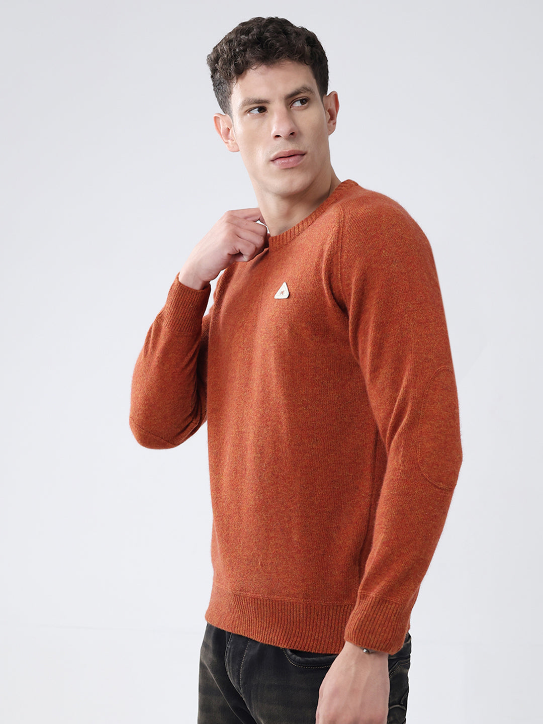 Men Rust Solid Round Neck Full Sleeve Pullover