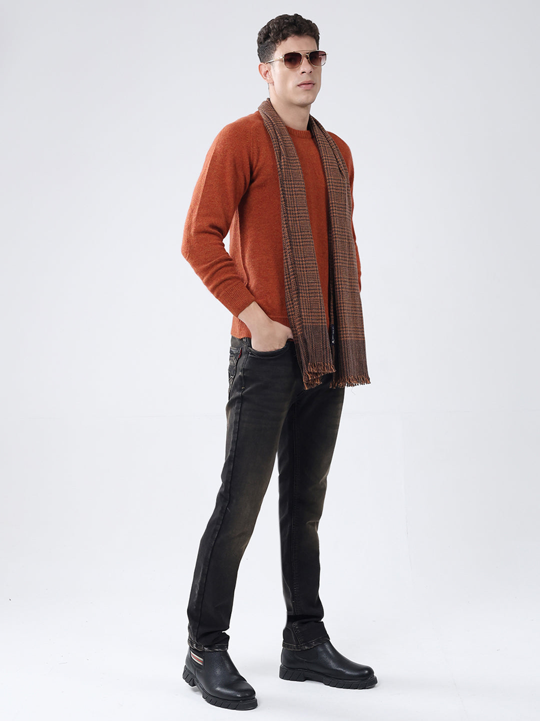Men Rust Solid Round Neck Full Sleeve Pullover