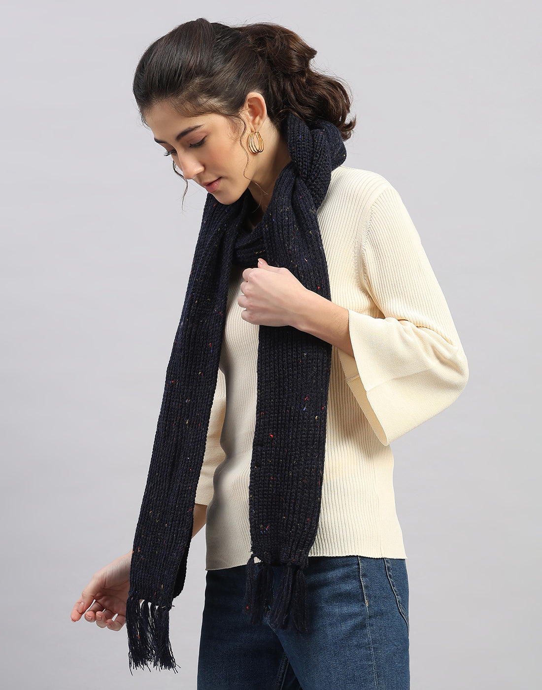 Women Navy Blue Printed Blend Wool Mufflers