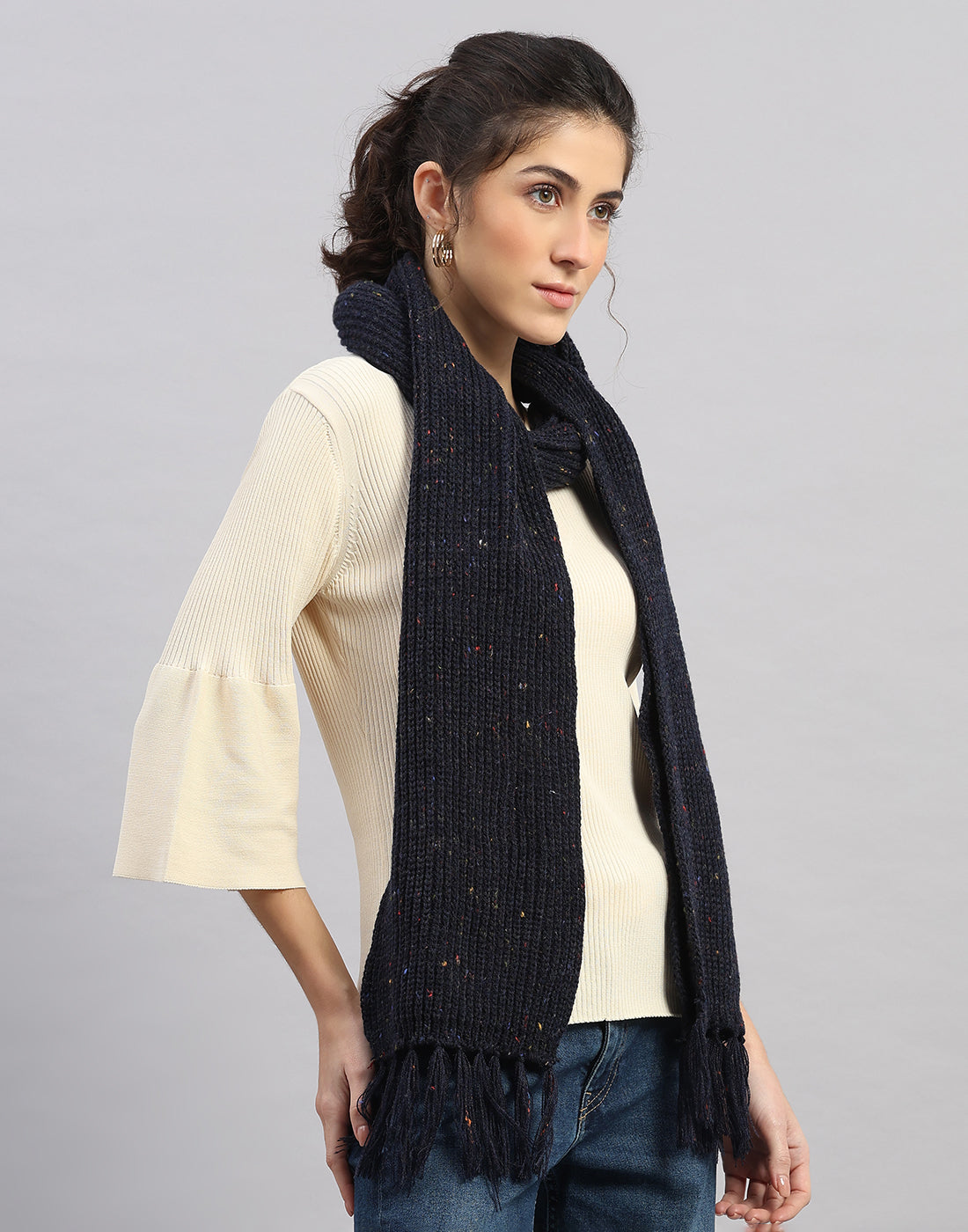Women Navy Blue Printed Blend Wool Mufflers