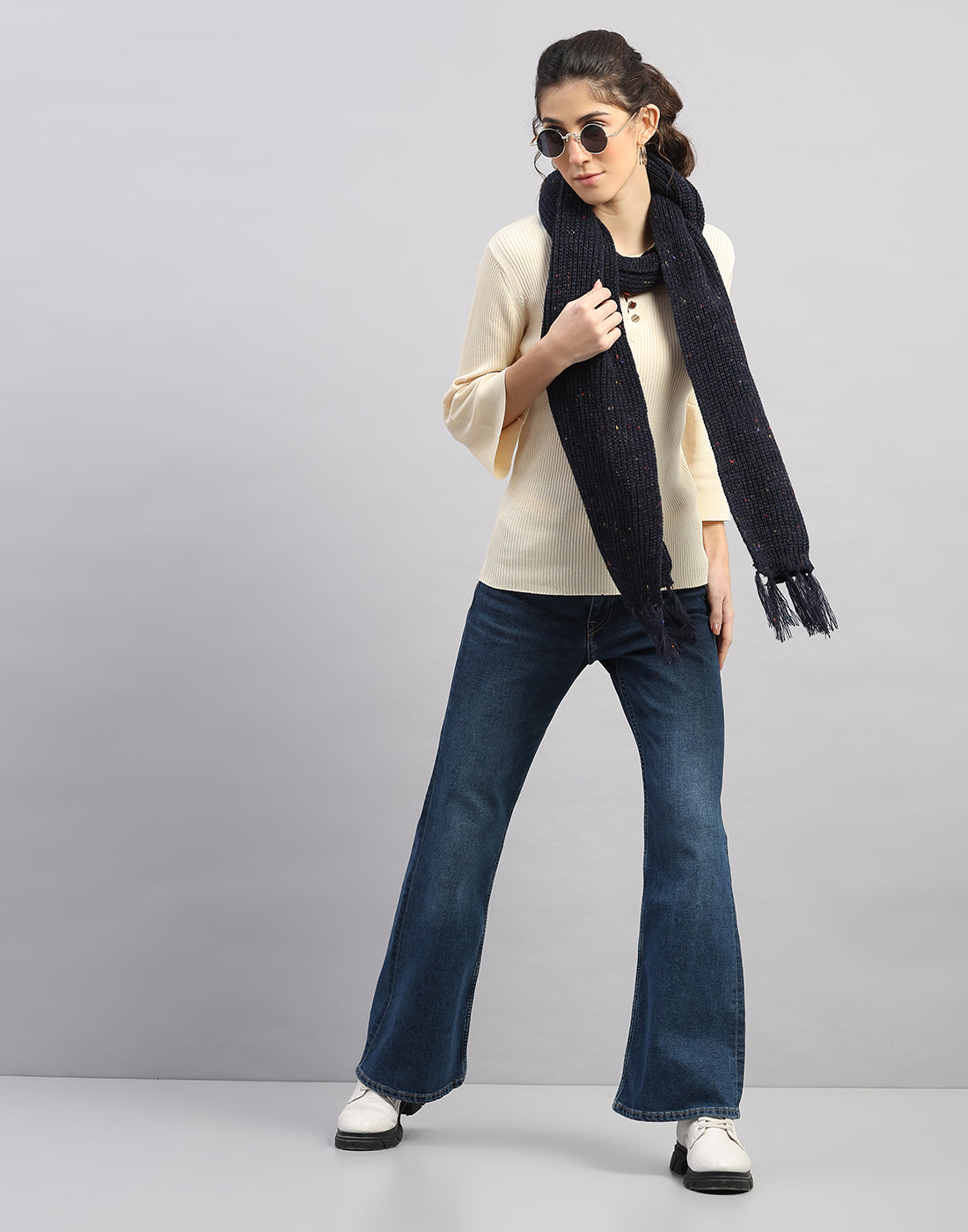 Women Navy Blue Printed Blend Wool Mufflers