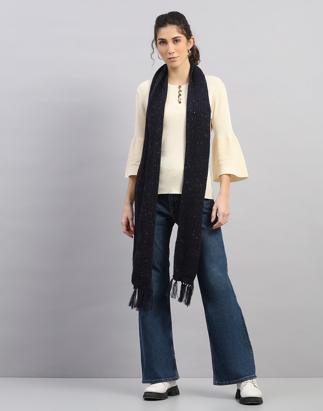 Women Navy Blue Printed Blend Wool Mufflers