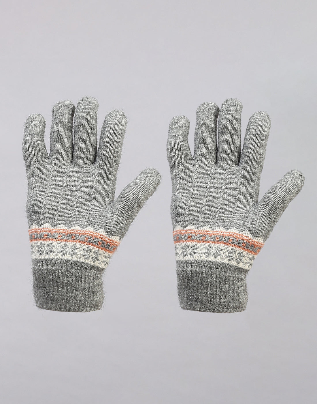 Women Grey Printed Blend Wool Gloves