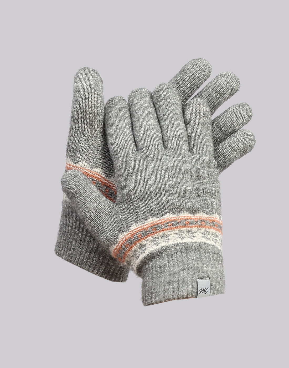 Women Grey Printed Blend Wool Gloves