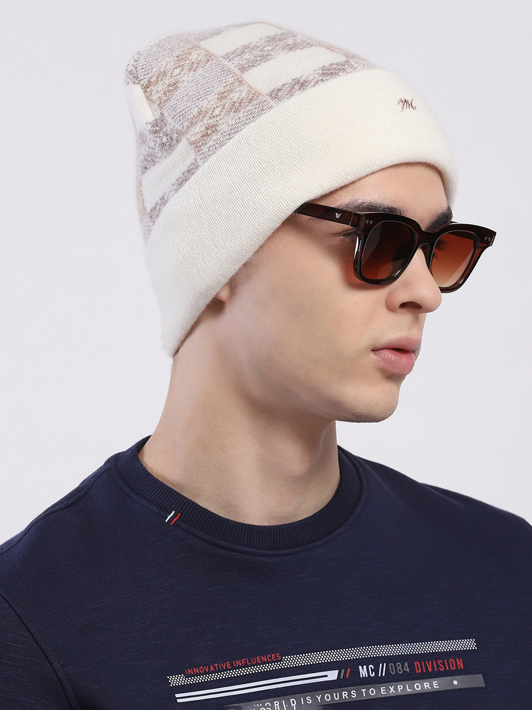 Men Cream Self Design Angoora Cap