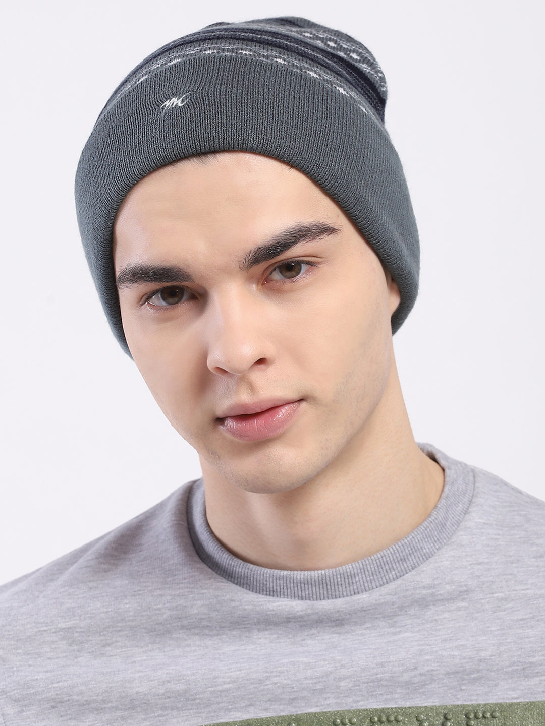 Men Grey Self Design Blend Wool Cap