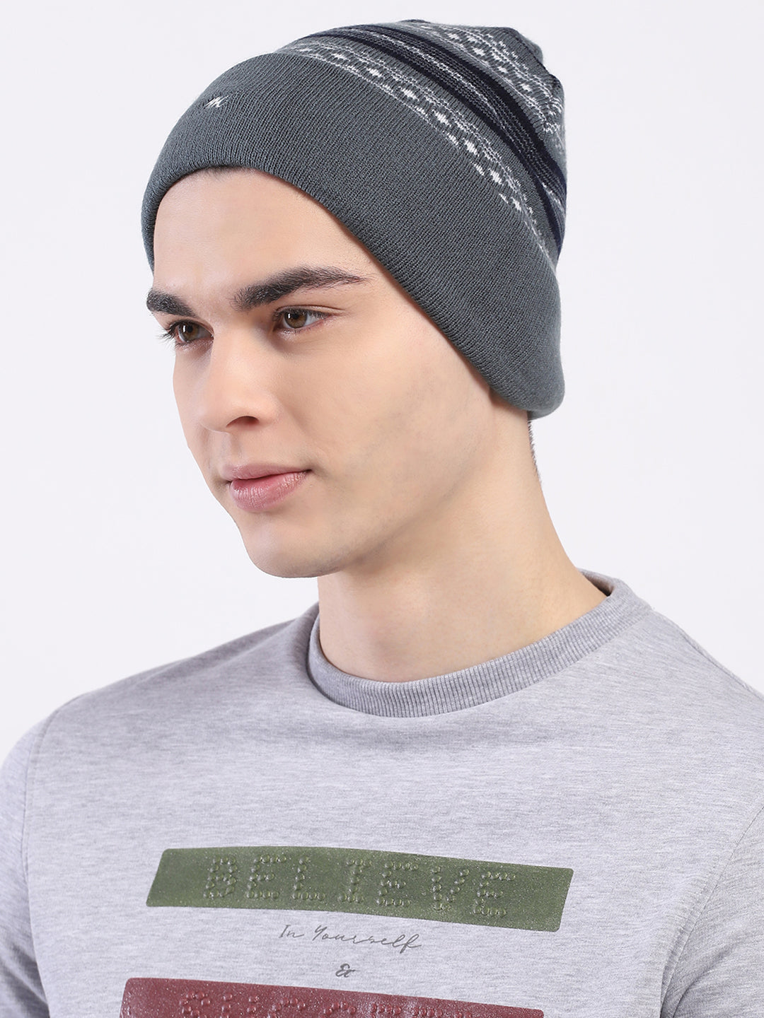 Men Grey Self Design Blend Wool Cap