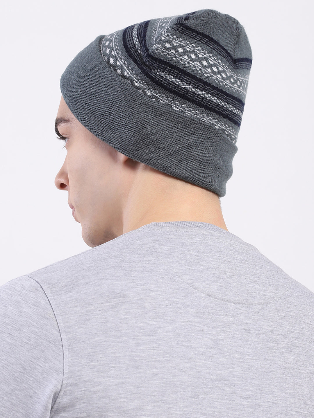 Men Grey Self Design Blend Wool Cap