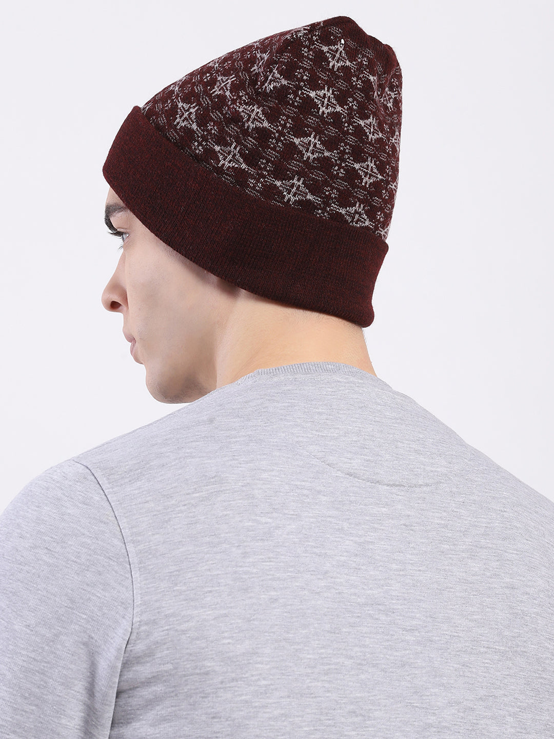 Men Maroon Self Design Blend Wool Cap