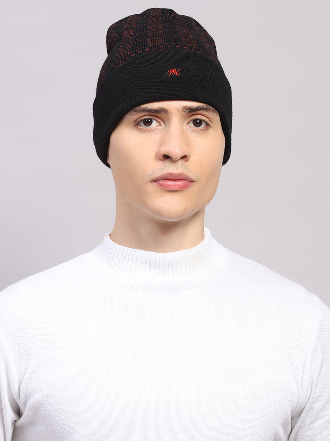 Men Black Printed Blend Wool Cap