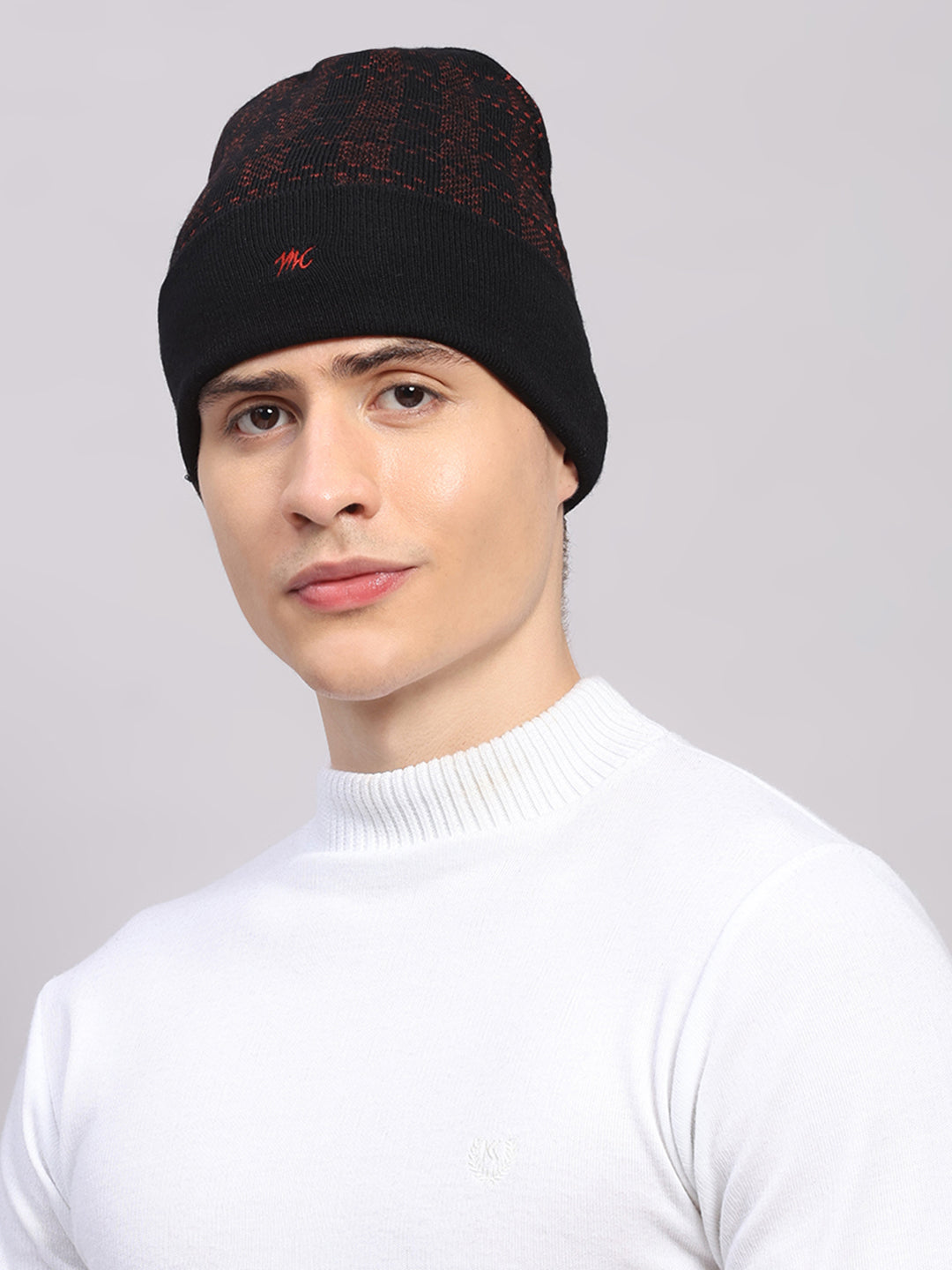 Men Black Printed Blend Wool Cap