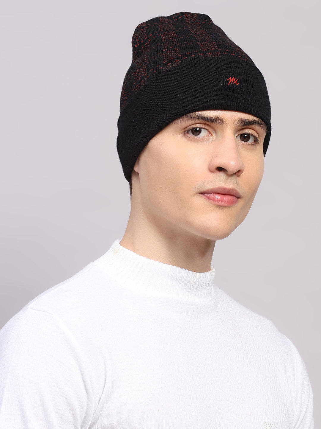 Men Black Printed Blend Wool Cap