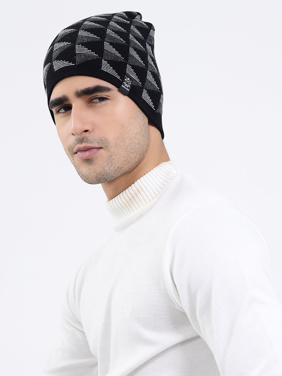 Men Black Self Design Blend Wool Cap