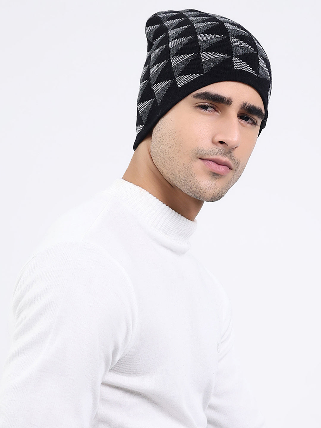 Men Black Self Design Blend Wool Cap