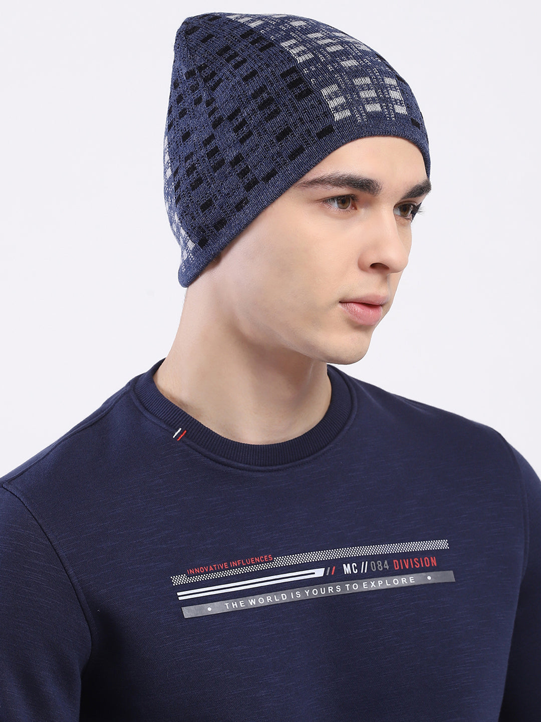 Men Blue Self Design Blend Wool Cap