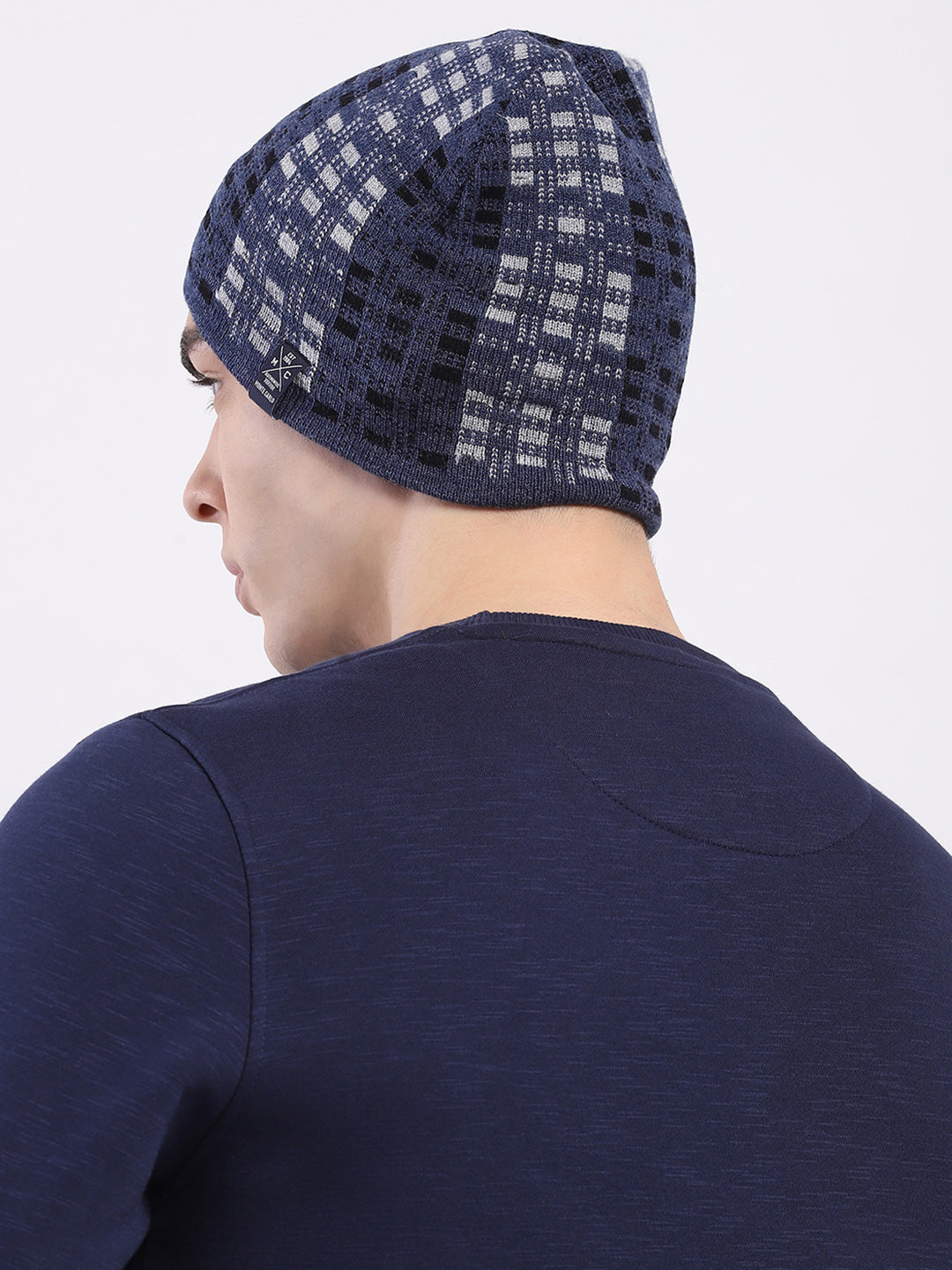 Men Blue Self Design Blend Wool Cap