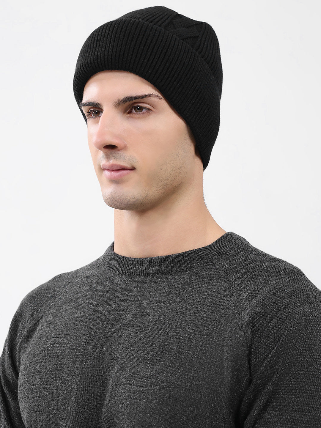 Men Grey Solid Blend Wool Cap