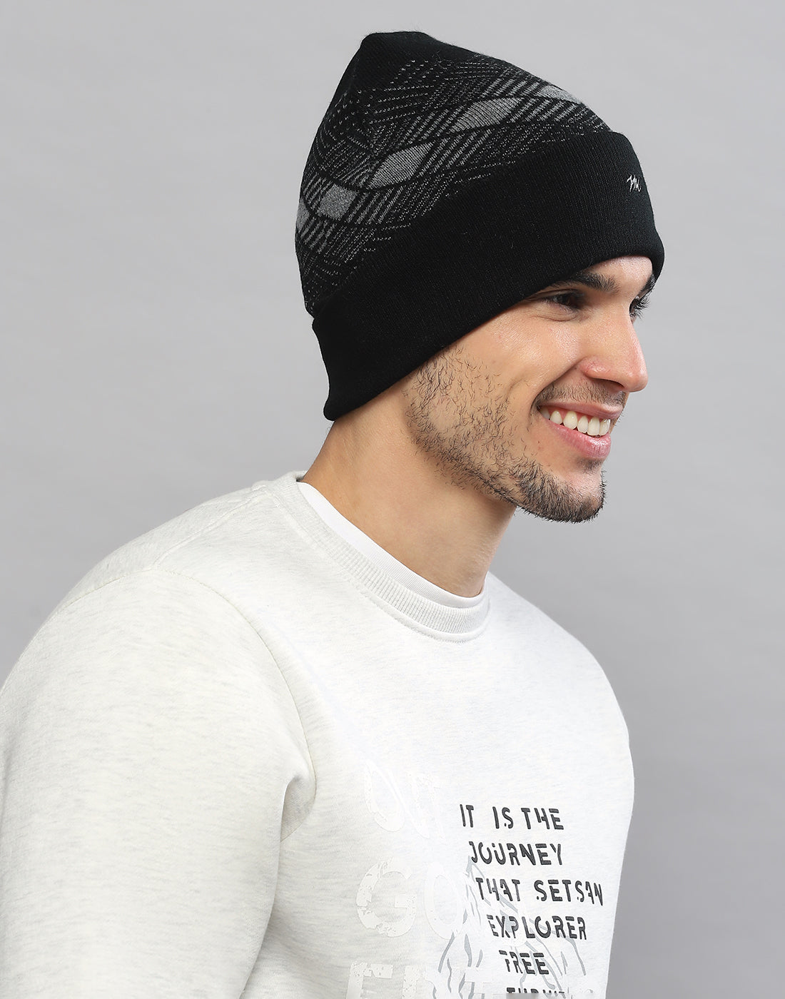Men Black Printed Blend Wool Cap
