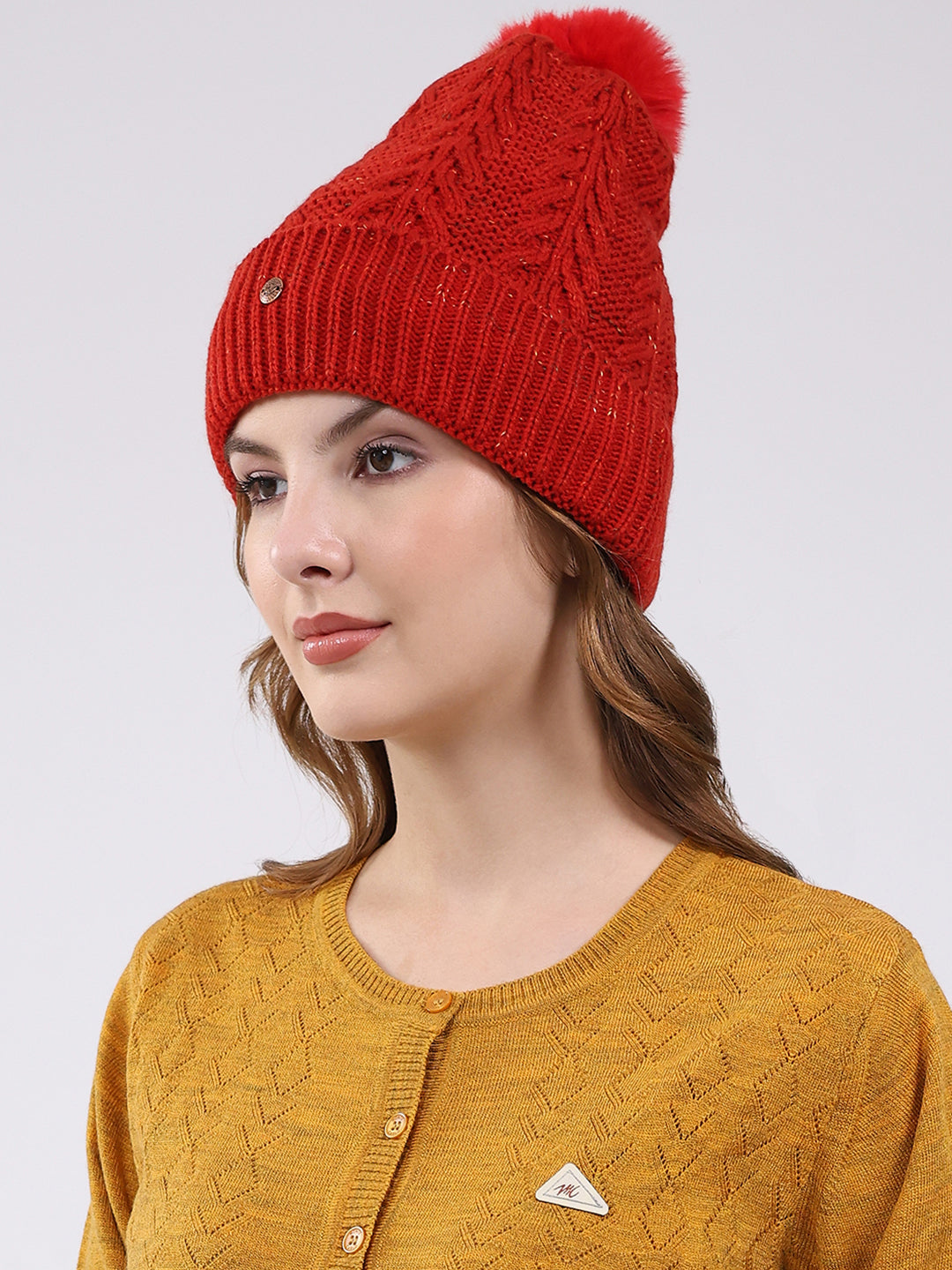 Women Red Self Design Blend Wool Cap