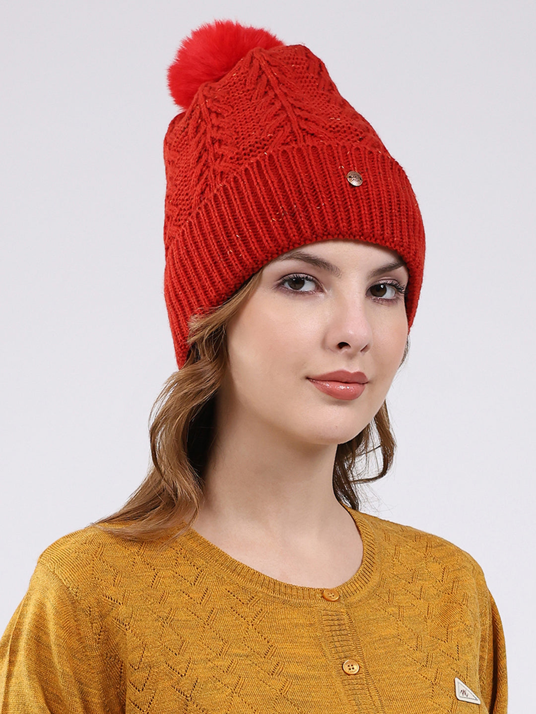 Women Red Self Design Blend Wool Cap