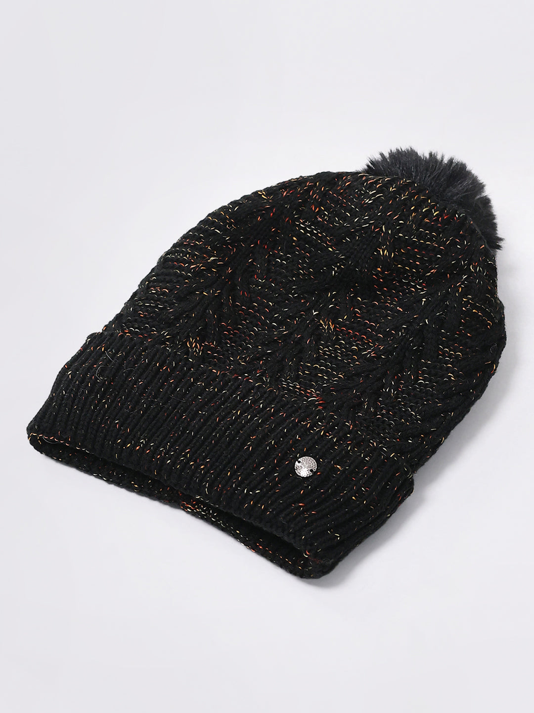 Women Black Self Design Blend Wool Cap