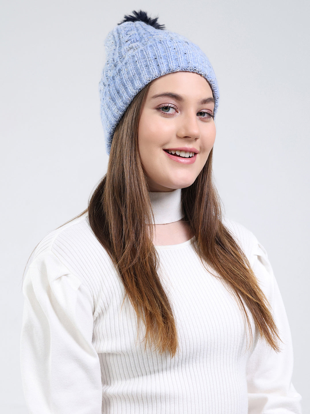 Women Blue Self Design Blend Wool Cap