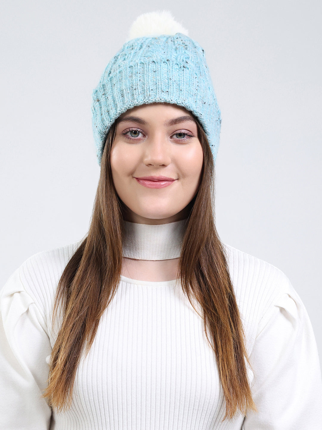 Women Blue Self Design Blend Wool Cap